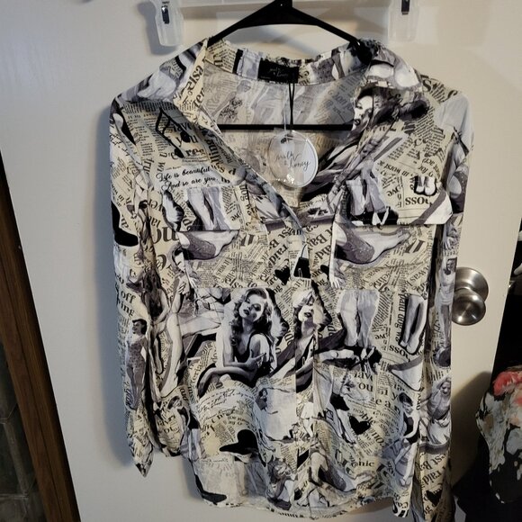 Milk & Honey Tops - NWT Y2K NEWSPAPER PRINT  MILK & HONEY BLOUSE SZ S